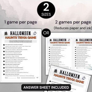 May include: A Halloween trivia game printed on white paper. The game is titled "Halloween Haunts Trivia Game" with a spooky castle and ghost graphic. The image shows options for one or two games per page, with an answer sheet included.