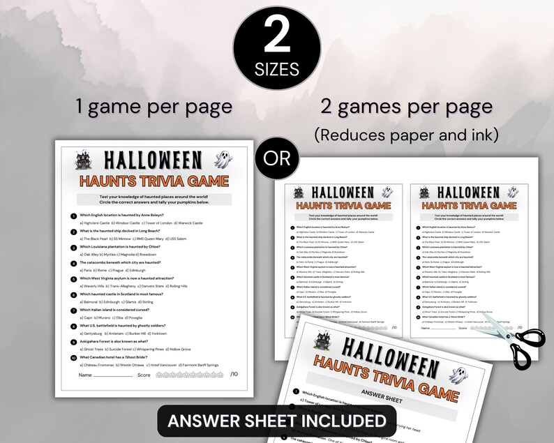 May include: A Halloween trivia game printed on white paper. The game is titled "Halloween Haunts Trivia Game" with a spooky castle and ghost graphic. The image shows options for one or two games per page, with an answer sheet included.