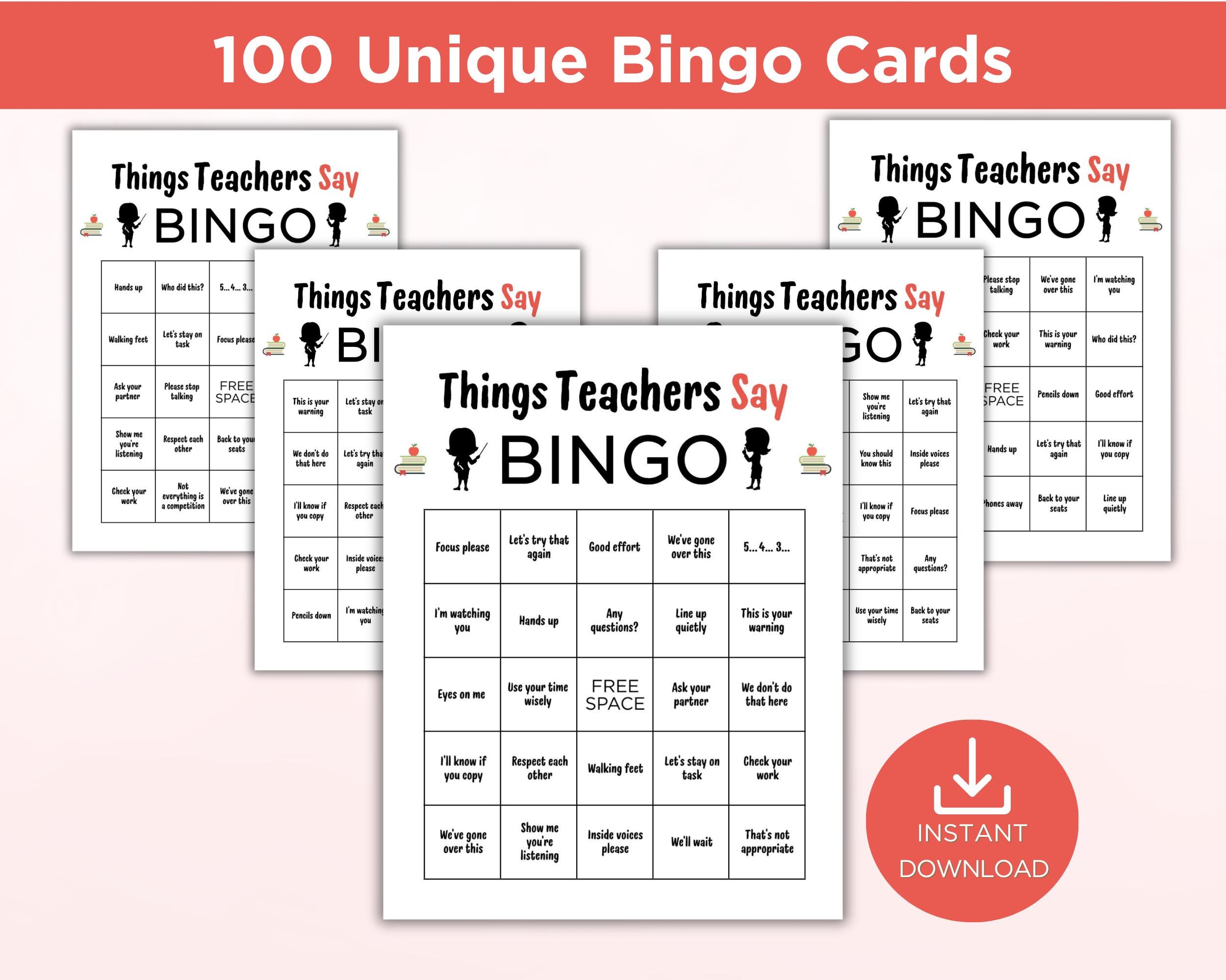 Teacher Bingo Game, Printable Things Teachers Say Bingo Cards, Teacher ...