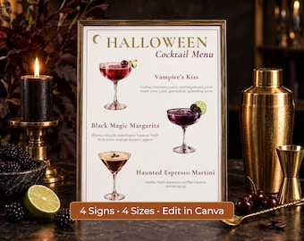 Editable Halloween Cocktail Bar Menu Signs, Spooky Drink Recipes, Elegant Halloween Party Decor, Canva Template