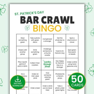 Op de afbeelding: Een St. Patrick's Day Bar Crawl Bingo-spelkaart met een groen en wit ontwerp. De kaart bevat een raster van activiteiten, waaronder "Draag iets groens" en "Spot een klavertje vier". De kaart bevat ook een "50 kaarten"-afbeelding.