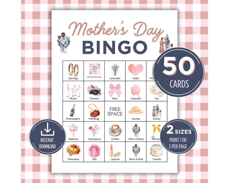 K&ouml;nnte beinhalten: Eine druckbare Muttertags-Bingo-Karte mit 50 Karten im Lieferumfang enthalten. Die Karte zeigt Bilder von Geschenken, Blumen, Essen und anderen Muttertags-Motiven. Die Karte ist zum Ausdrucken und Spielen mit Freunden und Familie gedacht.