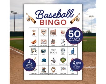 Baseball Bingo Game, 50 Printable Baseball Bingo Cards, Baseball Party Game, Baseball Activity, Baseball Birthday Game, Summer Activity