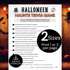 May include: A Halloween trivia game sheet with the title "Halloween Haunts Trivia Game". The game features questions about haunted places. The image also includes options for "2 Sizes" and an "Instant Download" button, all in a Halloween theme.