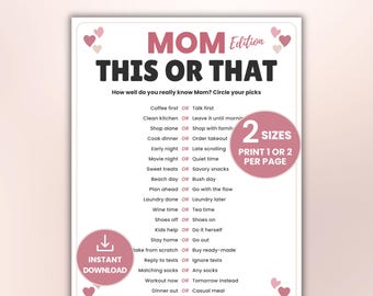 Mom This or That Game, Would She Rather Game, Mother's Day Activity, Birthday Party Game, Mother's Day Brunch Game, Mum Trivia Quiz