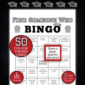 Puede incluir: Un juego de bingo con temática universitaria en blanco y negro con el texto "Find Someone Who Bingo". El juego incluye 50 tarjetas temáticas y la opción de imprimir 1 o 2 por página. Presenta un círculo rojo con el texto "Descarga instantánea."