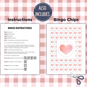 K&ouml;nnte beinhalten: Druckbares Valentinstags-Bingo-Spiel mit Anleitung, Rufkarten und Bingomarken. Die Bingokarten zeigen rosa Herzen.