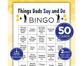 Father&#39;s Day Bingo Game, 50 Printable Bingo Card Set of Things Dads Say and Do, Family Reunion Party Game, Dad Birthday Game, Gift for Dad