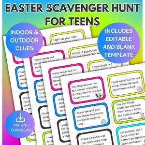 Easter Scavenger Hunt for Teens, Indoor & Outdoor Scavenger Hunt Game for Older Kids, Editable Easter Treasure Hunt Clues Template