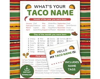 Was ist Ihr Taco Namensspiel mit Namensschildern und Schild, druckbares Taco PVC Spiel, Familienmexikanische Fiesta Partyspiel, Cinco de Mayo Aktivität