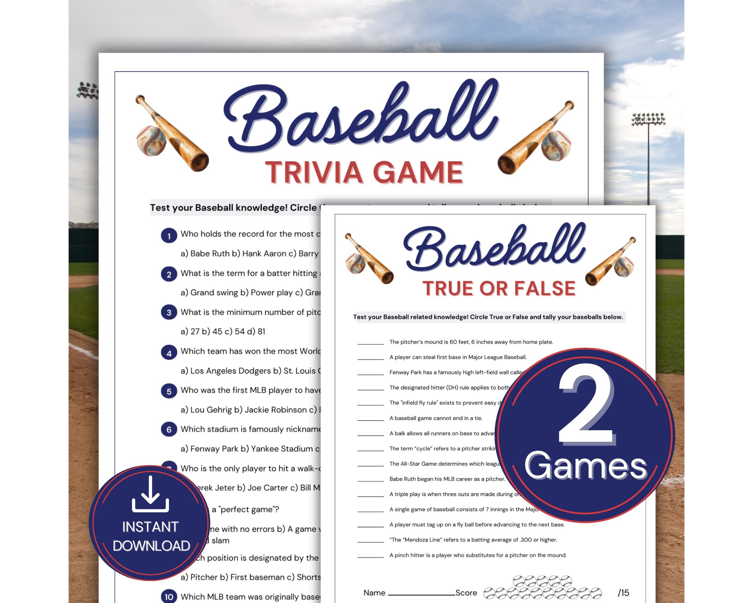 Baseball Trivia Game, Printable Baseball Party Game, Sports Trivia Quiz, Baseball Activity, Baseball Birthday Game, Family Game Night