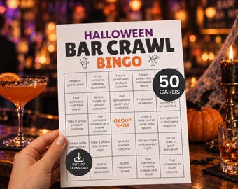 Halloween Bar Crawl Bingo, Adult Bar Scavenger Hunt, Costume Party Drinking Game, Printable Pub Crawl Bingo Cards