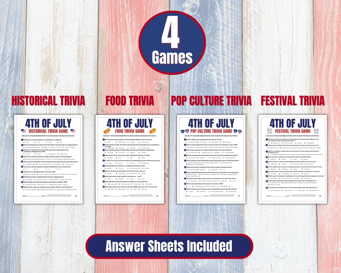 4th of July Trivia Game Bundle, Printable Independence Day Games ...