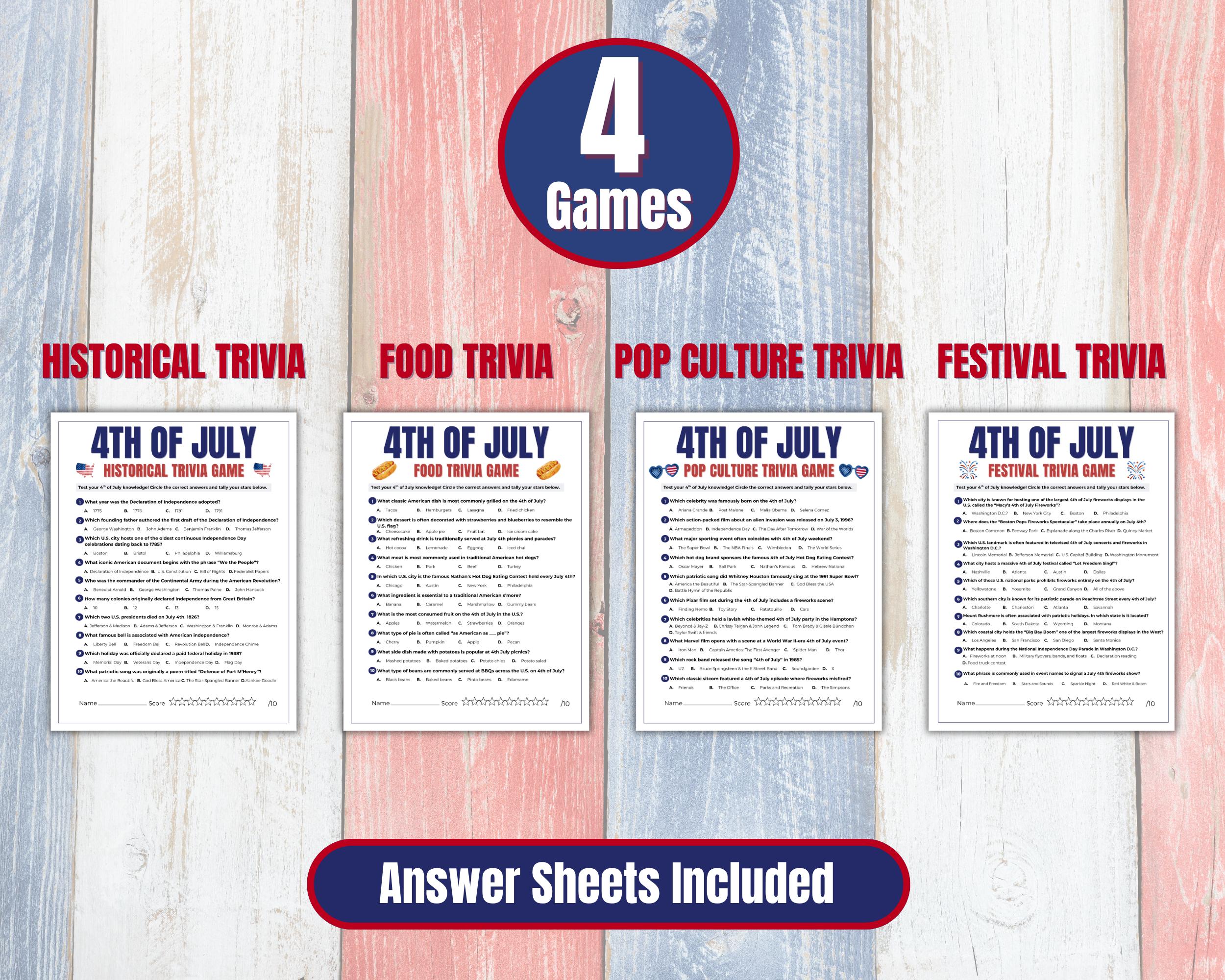 4th of July Trivia Game Bundle, Printable Independence Day Games ...