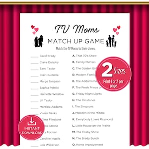 TV Moms Match Up Muttertag Trivia Spiel, druckbare Muttertag Trivia, Muttertag Quiz, TV Trivia Spiel, Familientreffen Spiel Bild 1