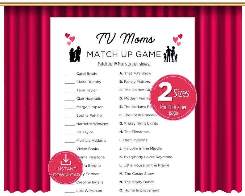 TV Moms Match Up Muttertag Trivia Spiel, druckbare Muttertag Trivia, Muttertag Quiz, TV Trivia Spiel, Familientreffen Spiel Bild 1