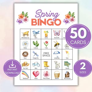 Spring Bingo, 50 Printable Spring Bingo Cards, Spring Party Game and Activity for Seniors, Adults and Teens, Easter Bingo Game