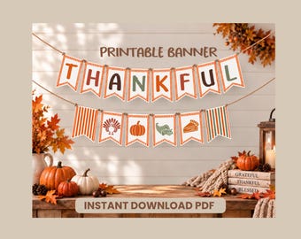 Thankful Thanksgiving Banner, Printable Friendsgiving Decor, Fall Party Gratitude Sign, Classroom Bunting, DIY Office Stripe Holiday Garland