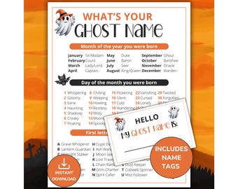 What's Your Ghost Name Game with Nametags and Sign, Printable Halloween Party Game for Kids Teens & Adults, Halloween Classroom Activity