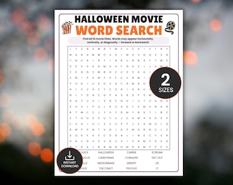 Może przedstawiać: Arkusz z wykreślanką słowną o tematyce filmów na Halloween, zawierający siatkę liter, listę 16 tytułów filmów oraz ikony kubełka z popcornem i szpuli filmowej. Tekst zawiera napisy Halloween Movie Word Search, 2 Sizes oraz Instant Download.