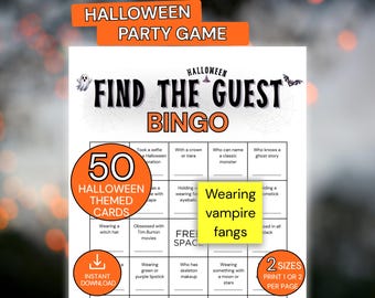 May include: A Halloween party game with the text "Find the Guest Bingo". The game includes 50 Halloween-themed cards and features squares with prompts like "Wearing vampire fangs". The game is available in two sizes.