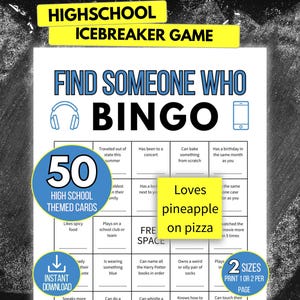 Find Someone Who Bingo, High School Icebreaker Game, Back to School Bingo, Fun Homeroom Activity for Teens, 50 Printable Bingo Cards