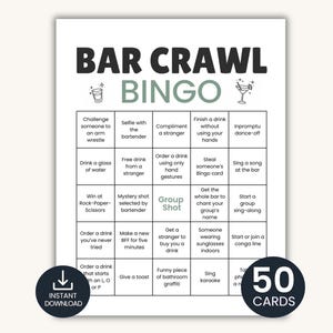 Può includere: Un set di carte da gioco "Bar Crawl Bingo" stampabile in bianco e nero. Il gioco include 50 carte con varie sfide e attività, come cantare al karaoke e fare un selfie con il barista. Include un'opzione di download immediato.