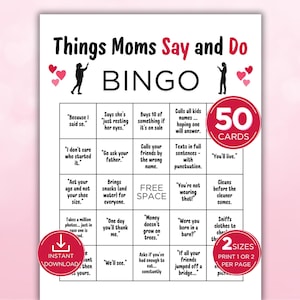 Muttertags-Bingospiel, Mama-Geburtstagsspiel, 50 druckbare Bingokarten-Set mit Dingen, die Mütter sagen und tun, Mama-Bingospiel, Mama-Partyspiel