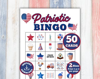 Patriotic Bingo, 50 Printable Patriotic Bingo Cards, 4th of July Bingo, Fourth of July Party Game, Memorial Day Game, Independence Day Party