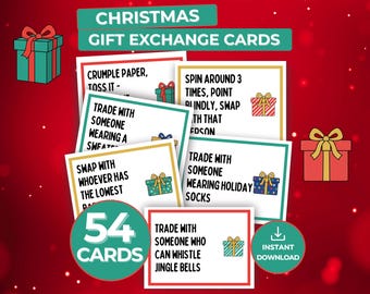 May include: A collection of 54 Christmas gift exchange cards with various game instructions. The cards feature colorful gift box illustrations and phrases like "Trade with someone wearing a sweater" and "Spin around 3 times". The words "Christmas Gift Exchange Cards" are at the top.