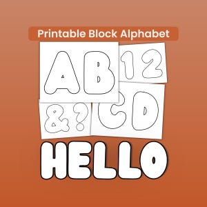 May include: Printable block alphabet letters and numbers in a bubble font style. The letters A, B, C, D, and the numbers 1 and 2 are shown, along with an ampersand and a question mark. The word "HELLO" is also displayed.