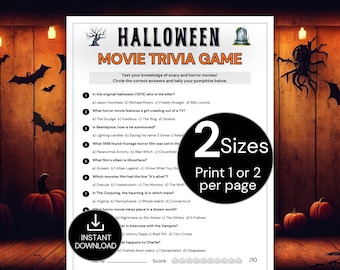 Juego de trivia de Halloween, trivia de películas de Halloween, juego imprimible para fiestas de Halloween para adolescentes y adultos, concurso de películas de terror, juego de trivia de otoño