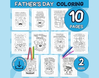 May include: A Father's Day coloring book with 10 pages and 2 sizes. The cover features various black and white illustrations with text like "Dad, You're Tea-rific!" and "Best Grill Dad Ever". Includes colored pencils.