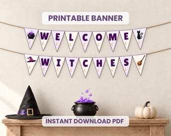 Witch Banner, Printable Halloween Banner, Witch Party Decor, Witchy Themed Bunting, DIY Spooky Party Sign, Purple Birthday Garland