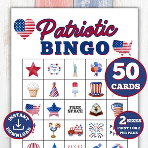 Patriotic Bingo, 50 Printable Patriotic Bingo Cards, 4th of July Bingo, Fourth of July Party Game, Memorial Day Game, Independence Day Party