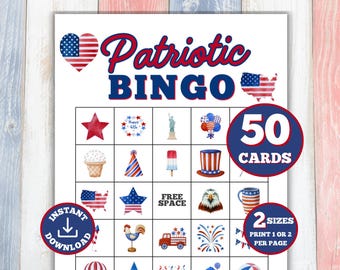 Bingo patriótico, 50 tarjetas de bingo patriótico imprimibles, Bingo del 4 de julio, Juego de fiesta del 4 de julio, Juego del Día de los Caídos, Fiesta del Día de la Independencia