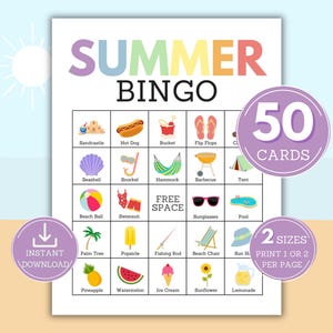 Summer Bingo, 50 Printable Summer Bingo Cards, Summer Family Bingo Game, Summer Activity, Summer Bingo Game for Kids
