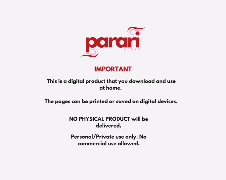 K&ouml;nnte beinhalten: Ein Hinweis zum Herunterladen eines digitalen Produkts von Parari Press. Dies ist ein digitales Produkt, das Sie herunterladen und zu Hause verwenden k&ouml;nnen. Die Seiten k&ouml;nnen ausgedruckt oder auf digitalen Ger&auml;ten gespeichert werden. Es wird kein physisches Produkt geliefert. Nur f&uuml;r den pers&ouml;nlichen/privaten Gebrauch. Kommerzielle Nutzung ist nicht gestattet.