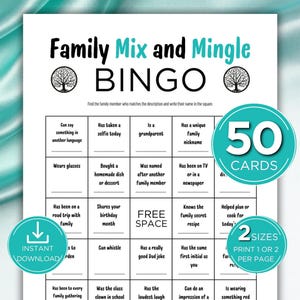 Family Mix and Mingle Bingo, zoek iemand die bingo, leer je kennen bingo, familiereüniespel, leuk familiespel, 50 afdrukbare bingokaarten