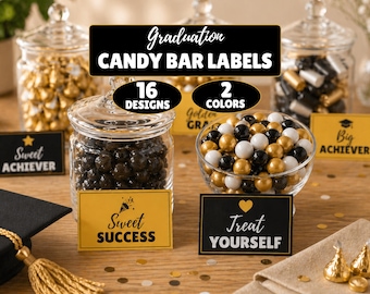 Graduation Candy Bar Labels, Printable Candy Buffet Tent Cards, Black Gold Party Decor, Class of 2026, Grad Party Dessert Table Decorations