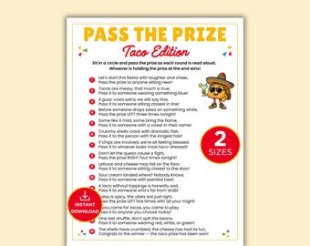 Pass The Prize Taco Game, Taco Tuesday Game, Cinco de Mayo Activity, Family Mexican Fiesta Icebreaker, Taco Party Printable
