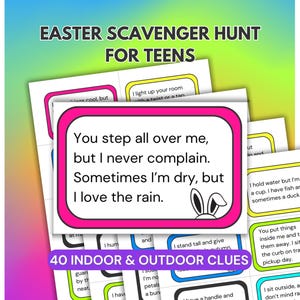 Búsqueda del tesoro de Pascua para adolescentes, juego de búsqueda del tesoro para niños mayores en interiores y exteriores, plantilla editable con pistas de búsqueda del tesoro de Pascua.