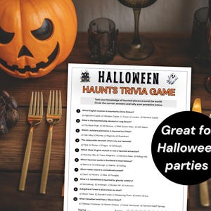 May include: A Halloween trivia game sheet is on a wooden table, with the title "Halloween Haunts Trivia Game". A carved pumpkin and gold cutlery are also visible. The text "Great for Halloween parties" is on a black circle.