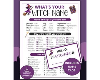 Juego de "¿Cuál es tu nombre de bruja?" con etiquetas y letrero, juego imprimible para fiesta de Halloween para niños, adolescentes y adultos, actividad de Halloween para el aula.