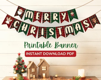 Baner Wesołych Świąt, Wydrukowana girlanda świąteczna, Świąteczny znak do klasy, Dekoracja świąteczna do biura, Dekoracja w czerwono-zieloną kratkę, Świąteczna girlanda DIY
