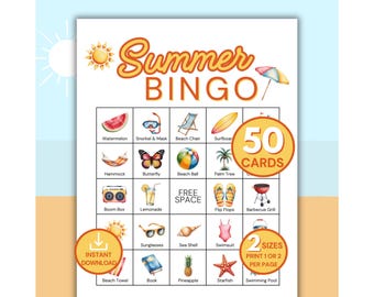 Summer Bingo, 50 Printable Summer Bingo Cards, Beach Party Bingo Game, Summer Birthday Party Game, Summer Vacation Activity for Kids