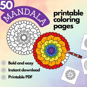 Puede incluir: 50 páginas para colorear de mandalas imprimibles. Negrita y fácil, descarga instantánea, PDF imprimible. La imagen muestra un mandala colorido con colores arcoíris y un mandala en blanco y negro.