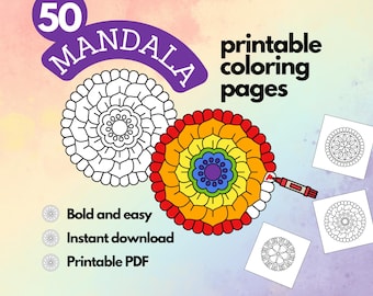 50 Bold and Easy Mandala Coloring Pages, Printable Adult Coloring Pages, Stress Relief Coloring, Instant Download PDF