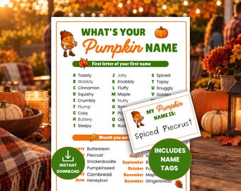 Pumpkin Name Game, Fall Party Icebreaker for Adults & Teens, Printable Autumn Harvest Activity, Family Thanksgiving Game, Office Group Game