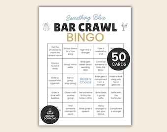 Something Blue Bar Crawl Bingo, Bachelorette Party Game, Drinking Game for Bridal Shower, Printable Hen Party Activity, Bar Scavenger Hunt